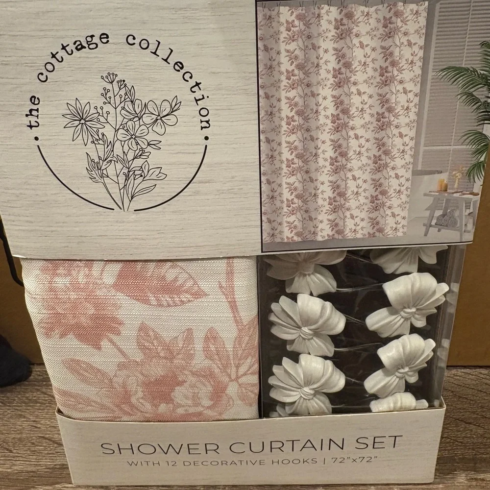 Bow Pink Floral Shower Curtain Set